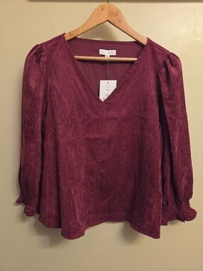Crown & Ivy NWT PM Wine Red Velvet Corduroy Top V-Neck Twee Smocked Cuff Blouse
